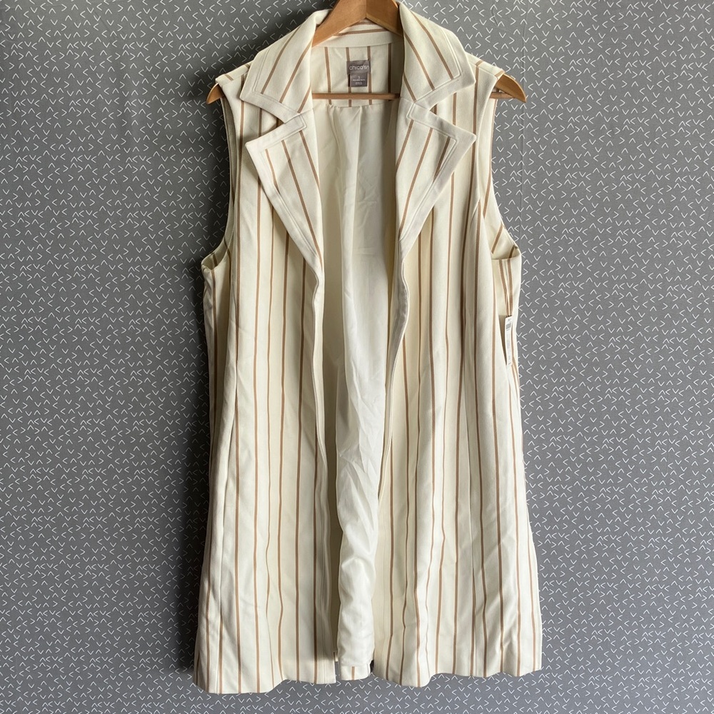Chico's Cream and Brown Striped & Sleeveless Heavy Trench Coat 38’’ in Length